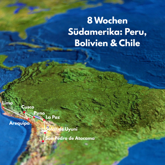 Eine Südamerika-Karte, die die Reiseroute von Lima über Arequipa,Cusco,Puno,La paz und Salar de Uyuni nach San Pedro de Atacama darstellt