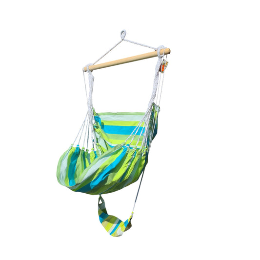 Hängestuhl Brisa in grün-blauen Streifen aus Baumwolle, mit Holzstrebe und Seilaufhängung – ideal für Garten oder Balkon