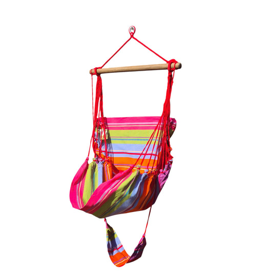 Hängestuhl Flor in bunten Streifen aus Baumwolle, mit Holzstrebe und Seilaufhängung – ideal für Garten oder Balkon