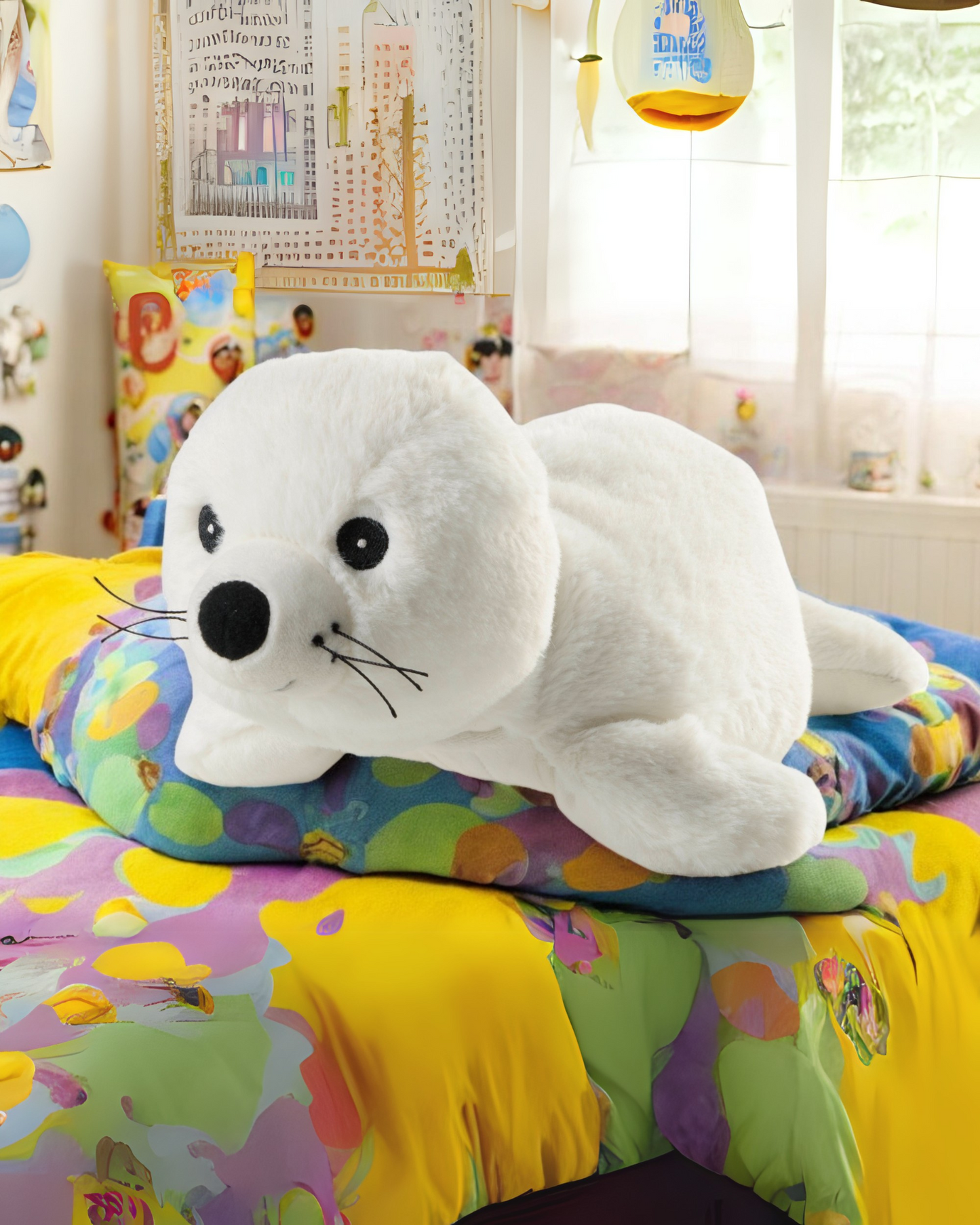 Kuschelige Warmie-Minis Robbe mit Lavendelfüllung in weiß im Kinderzimmer– mikrowellengeeignetes Wärmestofftier