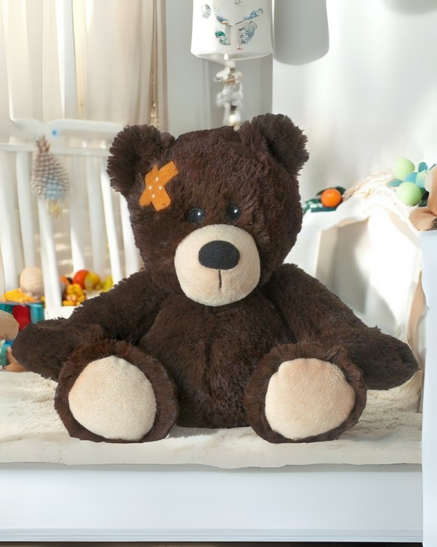 Kuscheliger Warmie-Pflasterbär mit Lavendelfüllung in braun im Kinderzimmer– mikrowellengeeignetes Wärmestofftier