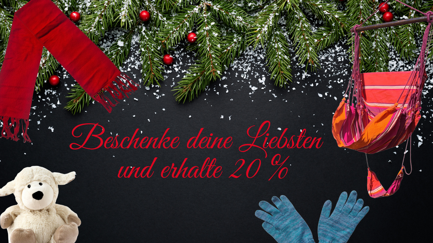 Ein roter Alpaka Schal, ein Hängestuhl in roten Farbtönen, ein kuscheliger Warmie als Schaf und blaue Alpaka Handschuhe, dienen als tolles Geschenk für deine Liebsten, für die du 20 % Rabatt erhältst.